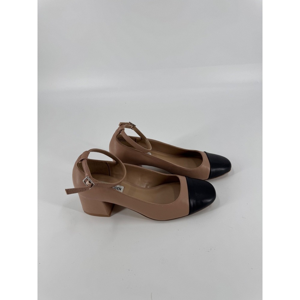 Steve Madden Womens Black Cap Toe Ankle Strap Block Heels Leather Shoes Size 8M